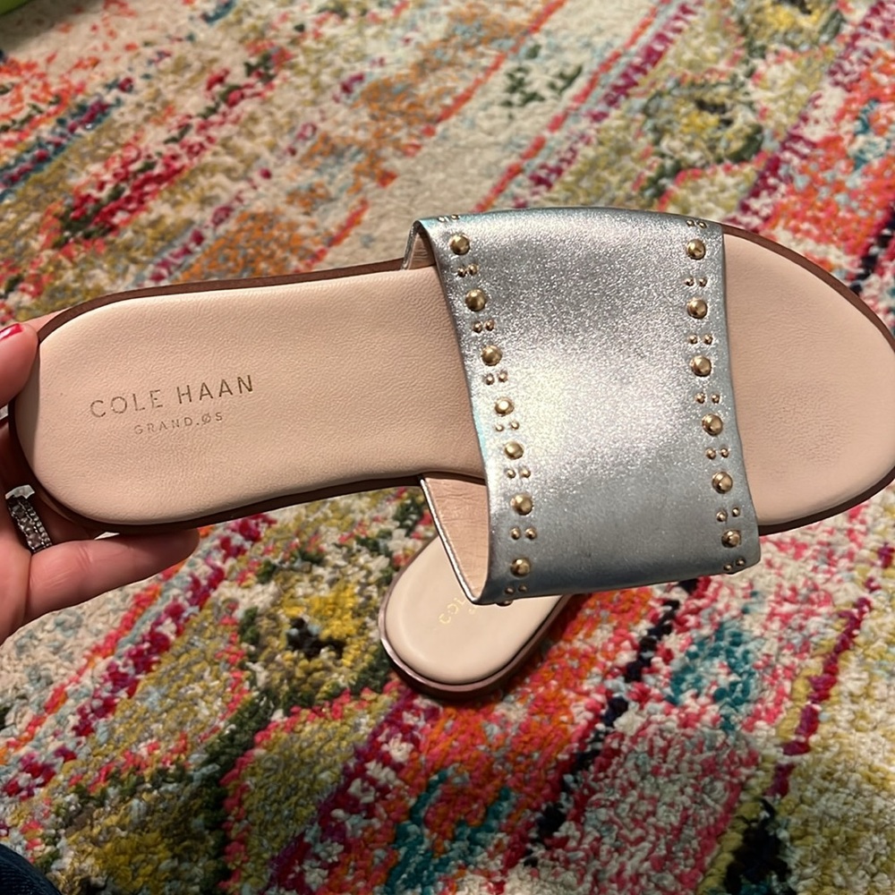 Metallic sandals w gold studs, GUC. Cole Haan size 5.5